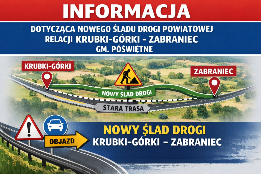Informacja dotycząca nowego śladu drogi powiatowej relacji Krubki-Górki - Zabraniec, gm. Poświętne