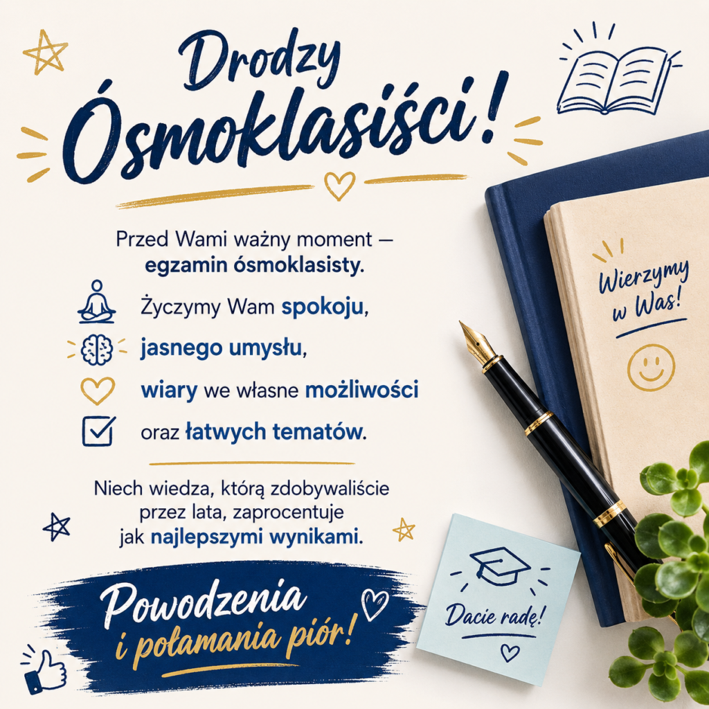 Drodzy Ósmoklasiści! Przed Wami ważny moment — egzamin ósmoklasisty. Życzymy Wam spokoju, jasnego umysłu, wiary we własne możliwości oraz łatwych tematów. Niech wiedza, którą zdobywaliście przez lata, zaprocentuje jak najlepszymi wynikami. Powodzenia i połamania piór!